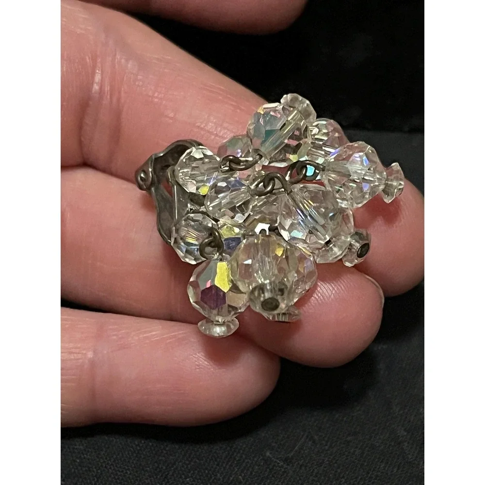 Vintage Laguna Clear AB Crystal Bead Glam Statement Climber Clip On Earrings